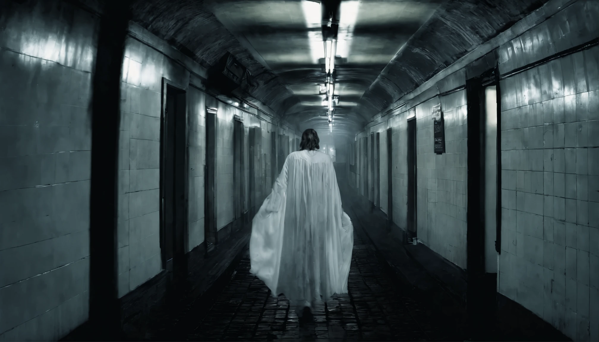 ghostly image of a woman dressed in white, folklore of the white lady of highgate, standing in a dark london tube station, horror film photography