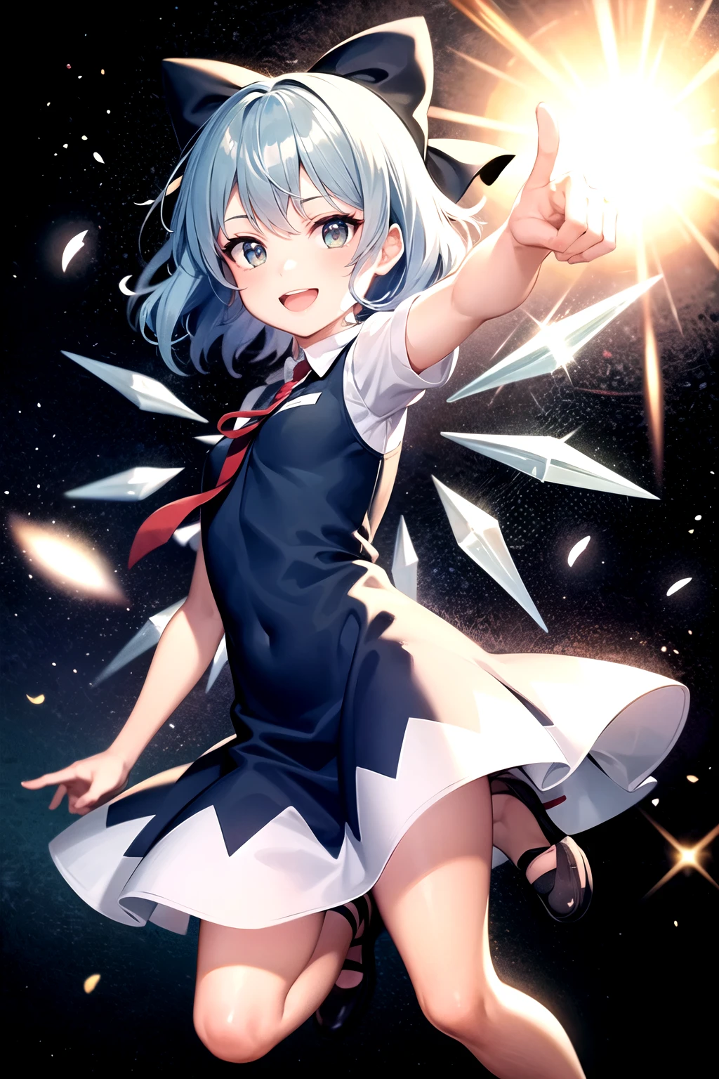 1girl. Cirno. Smile. Lought. Happy. Extas. a joyful leap up. Jumping. Legs up. Looking at sky. Super HD. Detailed. Nature around. Golden ratio. the right arm is extended forward. He points his finger at some interesting 