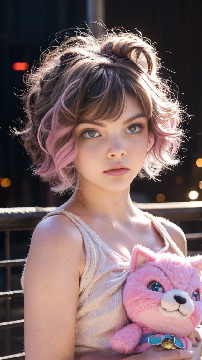 Camren Bicondova, Adorable kawaii anime girl with pink hair, big sparkly eyes, holding a plush toy, pastel colors, soft lighting, by Sakimichan and Nekopara team, digital painting style
