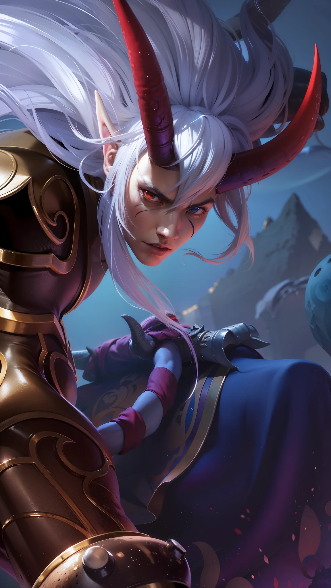 arafed image of a male character with a horned head and a sword, a male with white long hair, Best quality, masterpiece, detailed skin texture, detailed clothes texture, detailed face, super detailed, 8k, intricate detail, The color doesn't change, Muscle guy, 1 male, angry, sharp eyes, light white eyes, elf ear.