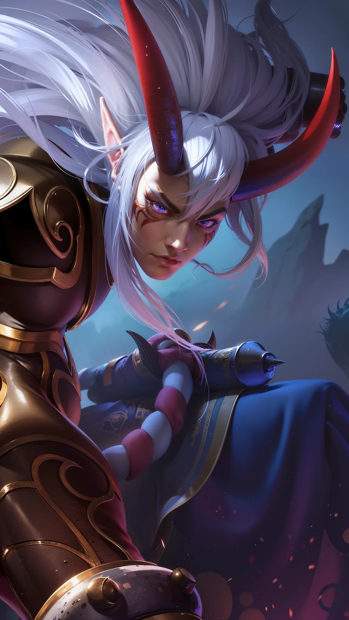 arafed image of a male character with a horned head and a sword, a male with white long hair, Best quality, masterpiece, detailed skin texture, detailed clothes texture, detailed face, super detailed, 8k, intricate detail, The color doesn't change, Muscle guy, 1 male, angry, sharp eyes, light white eyes, elf ear.