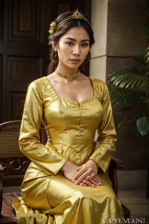 a woman in a yellow dress posing for a picture, javanese mythology, portrait cersei lannister sit, she is about 25 years old, hyperrealistic photograph, wearing elaborate green and gold, instagram contest winner, inspired by Frederick Edwin Church, shohreh aghdashloo, portrait of a young empress, thai, grandma, asian descent, hi-res photo