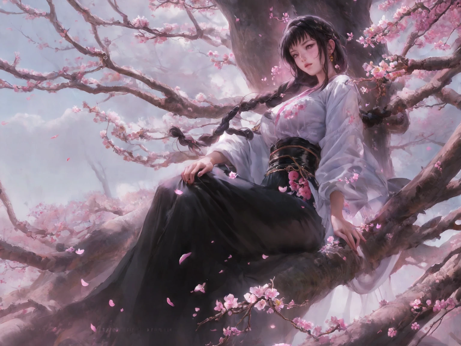 1girl,shiny_skin,black hair,black eyes,botanical garden,plum blossom,petals,plum blossom tree,petals falling,braided bangs,full_shot,