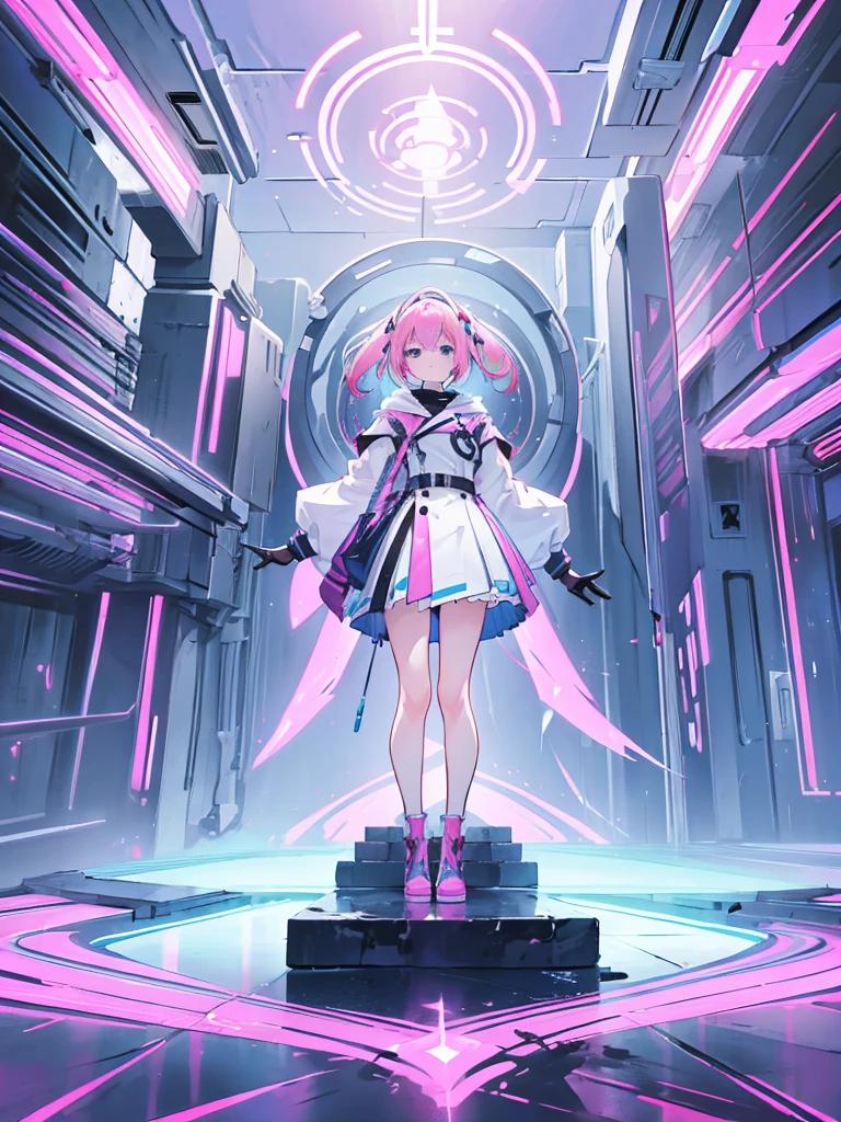 ciberpunk, pink hair, Futuristic, surreal, ultra wide angle, full body wide angle, Looking Up, dynamic movement, expressive, Vibrants, Sacred Cinematic Facets, Laser hologram