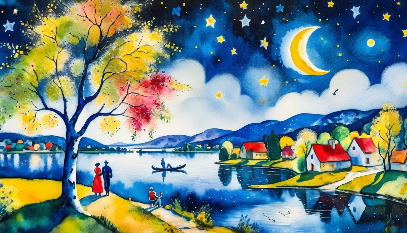 a couple, a village by the lake and a birch forest and an apple orchard, a starry night, ((Marc Chagall style)), ((landscape juice watercolor)), magic naive art, primitivism, protogen, ((best quality, Masterpiece)),
((Highest detail)), RAW:1,1, 8k