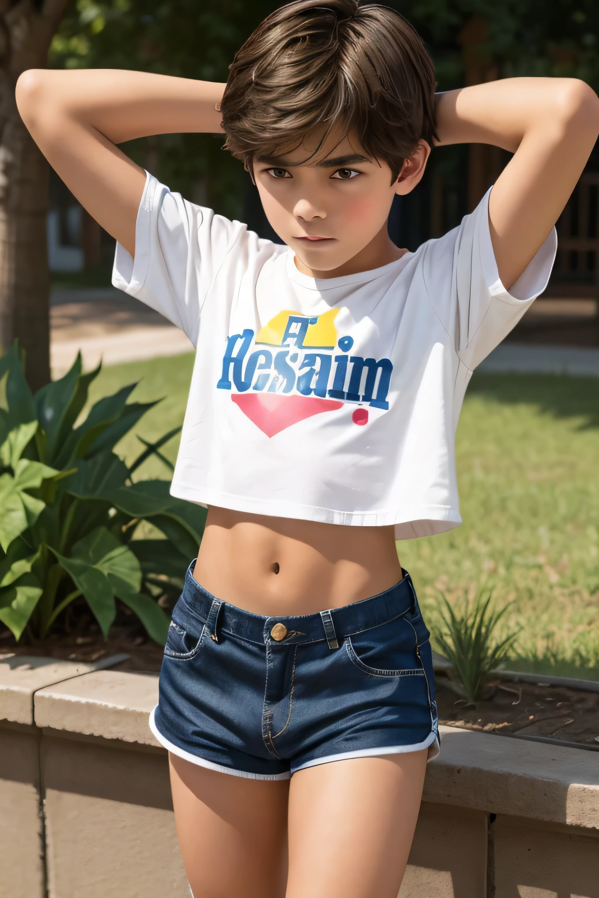 , boy wears a crop top and too very short shorts,