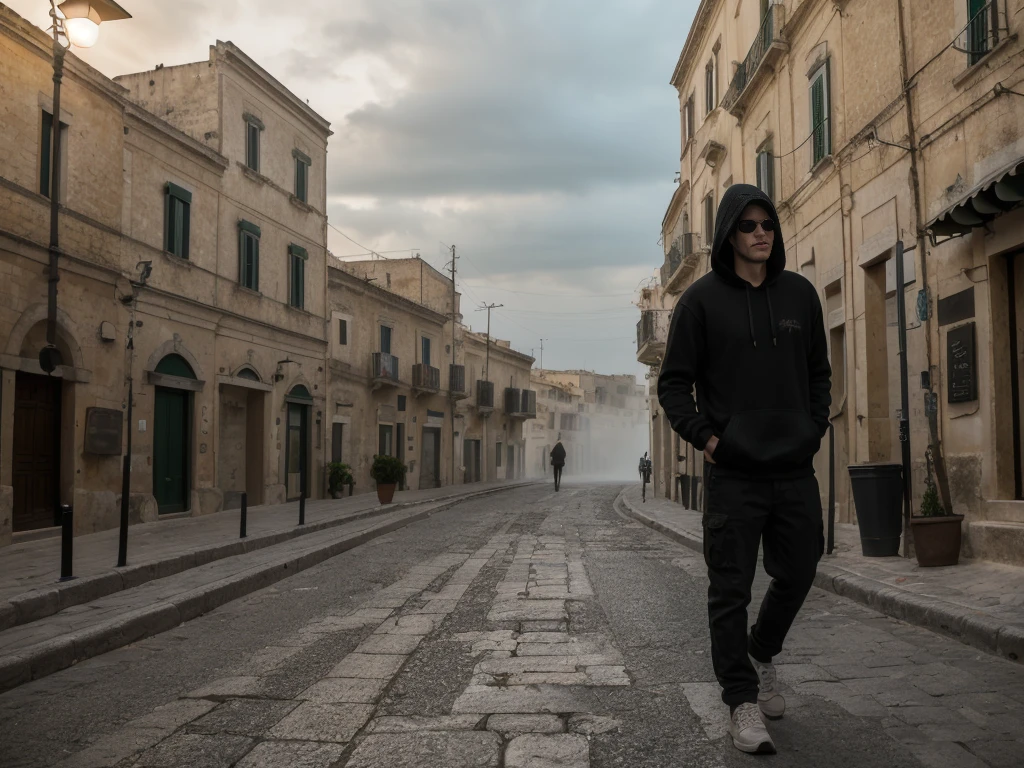 Sassi di Matera, Italy. sassi_di_matera. Outdoor in streets of Matera. The character is surrounded by mist, evoking a mysterious and eerie atmosphere. The lighting is dark and atmospheric, with a red smoke adding a touch of sinister ambiance. The image is of the best quality, with a resolution of 4k and HDR enhancement, showcasing the utmost level of detail and realism, nsfw, full body shot. [[YES SFW]], photorealistic man wearing a black hoodie is waiting for the Apocalypse.