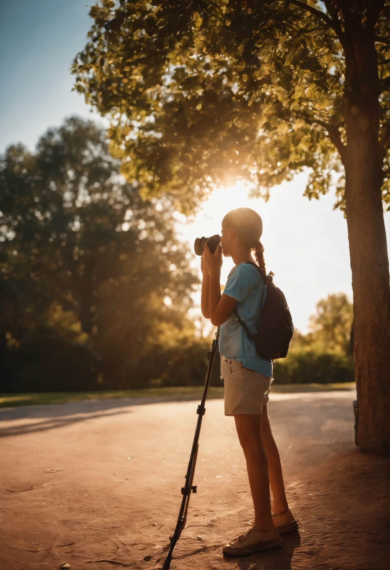 "Ultra-realistic image of a young taking a photo of the sun after school. The scene is highly detailed, capturing the essence of a photograph. The should appear lifelike, with realistic skin tones, hair textures, and clothing, including a or backpack. The sunlight should be vivid, creating natural shadows and highlights. Ensure the background includes elements like a clear sky, possibly with a few clouds, and natural surroundings typical of a schoolyard or a nearby park. The overall effect should make the image appear as if it were a high-resolution photograph taken with a professional camera."