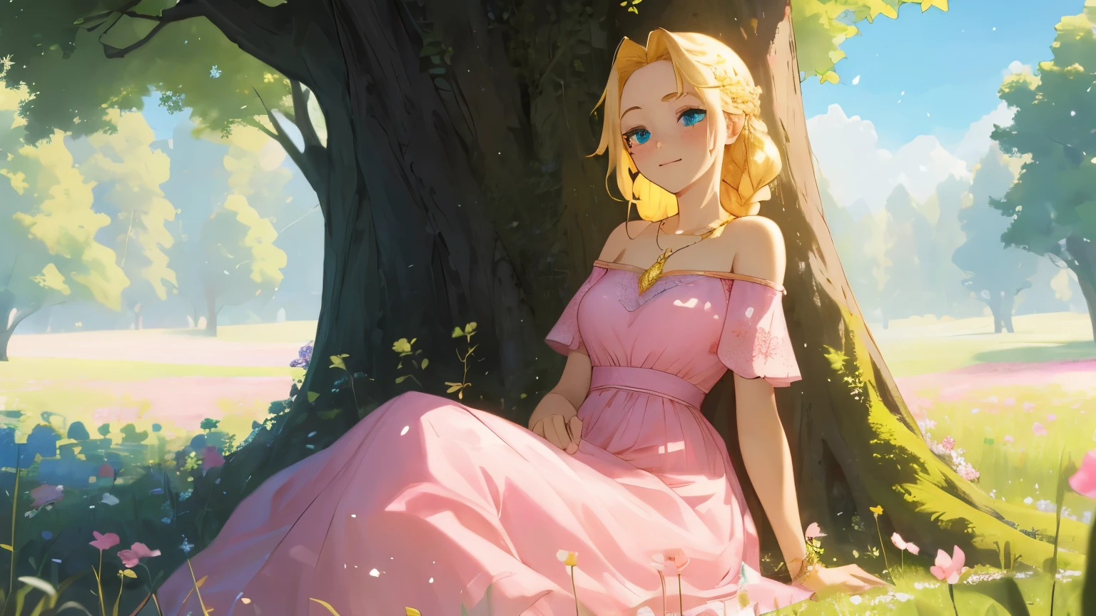 (masterpiece, best quality),1girl with braided blonde hair sitting in a field of green plants and flowers, woman with blonde hair and freckles is under a old tree, woman with a french braid, braided hair, one braid, woman sitting poses, woman in a pink beautiful dress, noble dress, womans face with freckles, off-the-shoulder pink dress, cute blonde braid, in the background is a flower tree, a meadow with flowers, many beauitiful green trees, pink princess dress, blue eyes, beautiful sky, beautiful womans face, adult, off-the-shoulder pink dress with a neckline, forest scene, light particles, fantasy, pink princess dress, golden necklace with a blue crystal, woman with golden accesoirs, adult womans face, young woman sitting poses, beautiful womans arms and hands