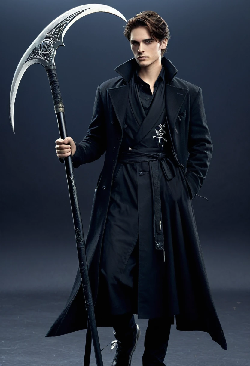 Quero montar um personagem masculino vestindo uma roupa preta, com um tom escuro, and who holds a scythe in his right hand with the initials EM on it.