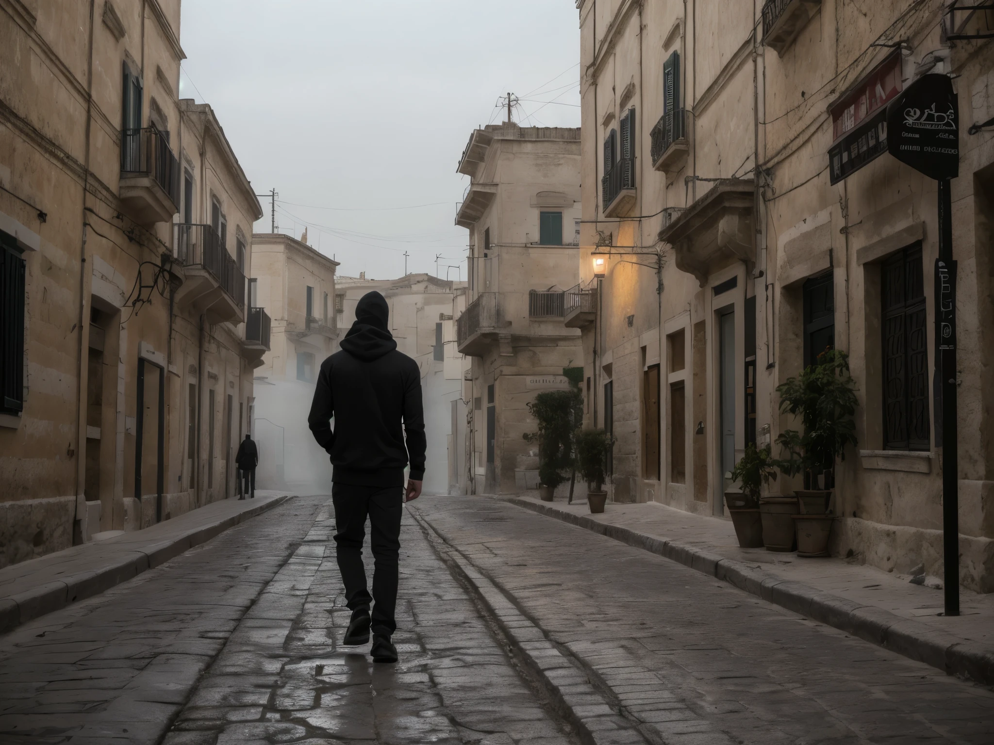 Sassi di Matera, Italy. sassi_di_matera. Outdoor in streets of Matera. The character is surrounded by mist, evoking a mysterious and eerie atmosphere. The lighting is dark and atmospheric, with a red smoke adding a touch of sinister ambiance. The image is of the best quality, with a resolution of 4k and HDR enhancement, showcasing the utmost level of detail and realism, nsfw, full body shot. [[YES SFW]], photorealistic man wearing a black hoodie is waiting for the Apocalypse.