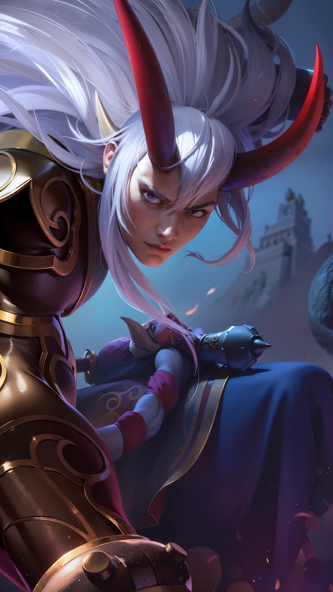 arafed image of a male character with a horned head and a sword, a male with white long hair, Best quality, masterpiece, detailed skin texture, detailed clothes texture, detailed face, super detailed, 8k, intricate detail, The color doesn't change, Muscle guy, 1 male, angry, light eyes, elf ear.