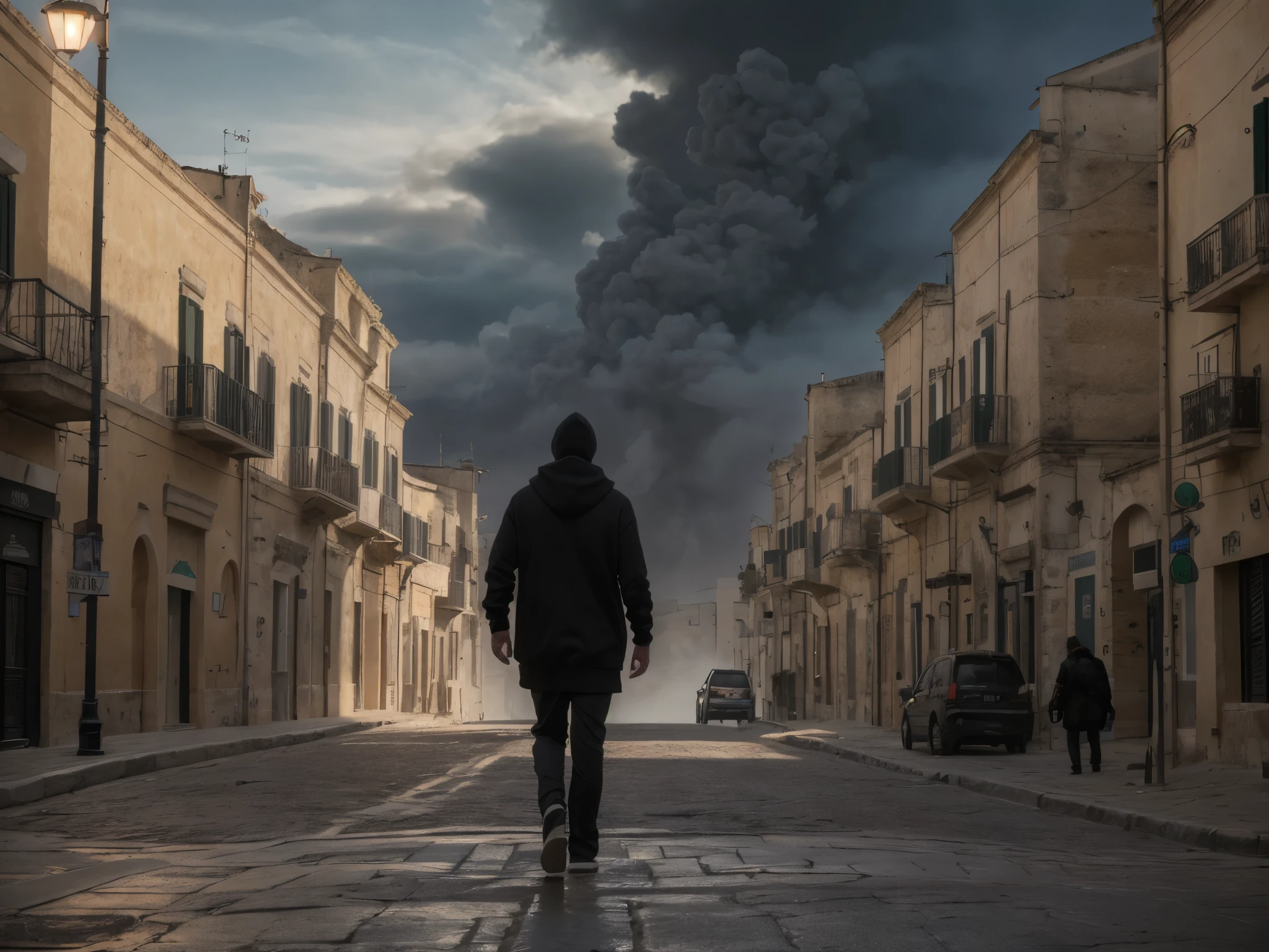 Sassi di Matera, Italy. sassi_di_matera. Outdoor in streets of Matera. The character is surrounded by mist, evoking a mysterious and eerie atmosphere. The lighting is dark and atmospheric, with a red smoke adding a touch of sinister ambiance. The image is of the best quality, with a resolution of 4k and HDR enhancement, showcasing the utmost level of detail and realism, nsfw, full body shot. [[YES SFW]], photorealistic man wearing a black hoodie is waiting for the Apocalypse.