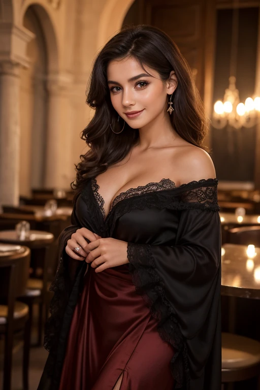 Jeune femme de 25 ans, visage fin, cheveux long, yeux marrons, HD, 8K, masterpiece, sourire romantique, sexy, tenue de flamenco, mascara noir, jupons, robe en tissu et en dentelle, tissu rouge et noir, devans restaurant espagnol, de nuit