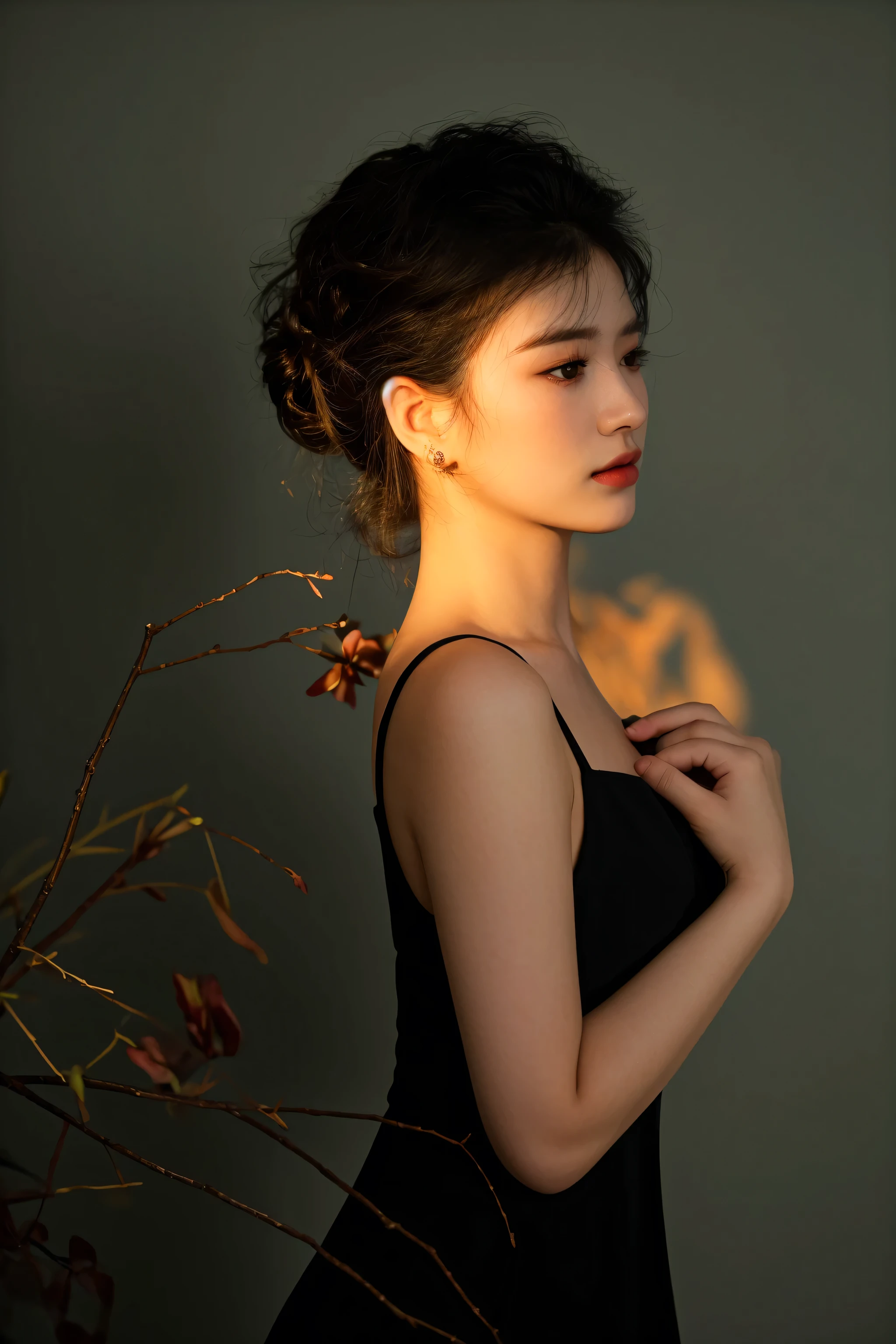 there is a woman in a black dress posing for a picture, soft light from the side, portrait soft light, medium portrait soft light, elegant profile posing, elegant profile pose, portrait soft low light, beautiful portrait lighting, high quality portrait photoshoot, side profile portrait, side portrait imagery, portrait shot, mai anh tran, shot on canon eos r5
