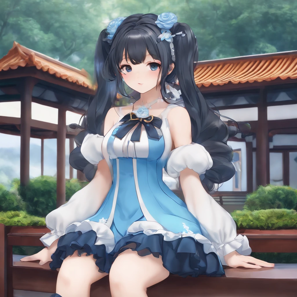 Shirakami beautiful girl with twin tails, beautiful nose, beautiful figure, 9 heads tall, beautiful outfit, dress, blue dress
