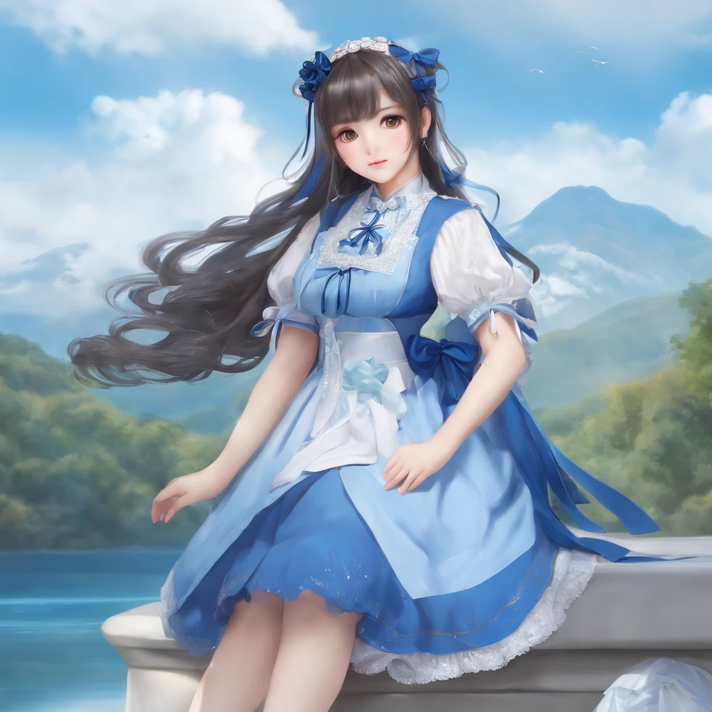 Shirakami beautiful girl with twin tails, beautiful nose, beautiful figure, 9 heads tall, beautiful outfit, dress, blue dress