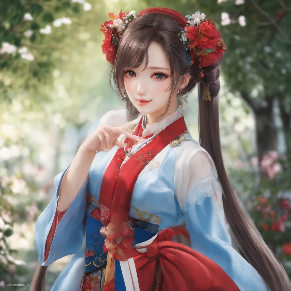 Shirakami beautiful girl with twin tails, beautiful nose, beautiful figure, 9 heads tall, beautiful outfit, dress, blue dress