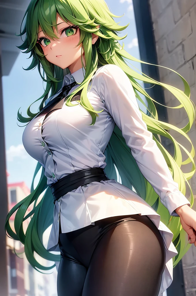 1girl, Izuku Midoriya as a girl, female Izuku Midoriya, gender swapped Izuku, Izuku Midoriya as a girl, gender swap, female Izuku Midoriya (anime: my hero academia), female/girl/woman, beautiful green hair, green hair, green eyes, beautiful green eyes, detailed green eyes, perfect eyes, nice figure, great body, good feminine figure, great curves, wearing(black leggings, white knotted shirt, coat), white shirt, white knotted shirt, white shirt, black leggings, detailed Matt black leggings, matt black flex gym leggings, 8k, highly detailed, perfect image, beautiful, photorealistic, high quality, exquisite detail