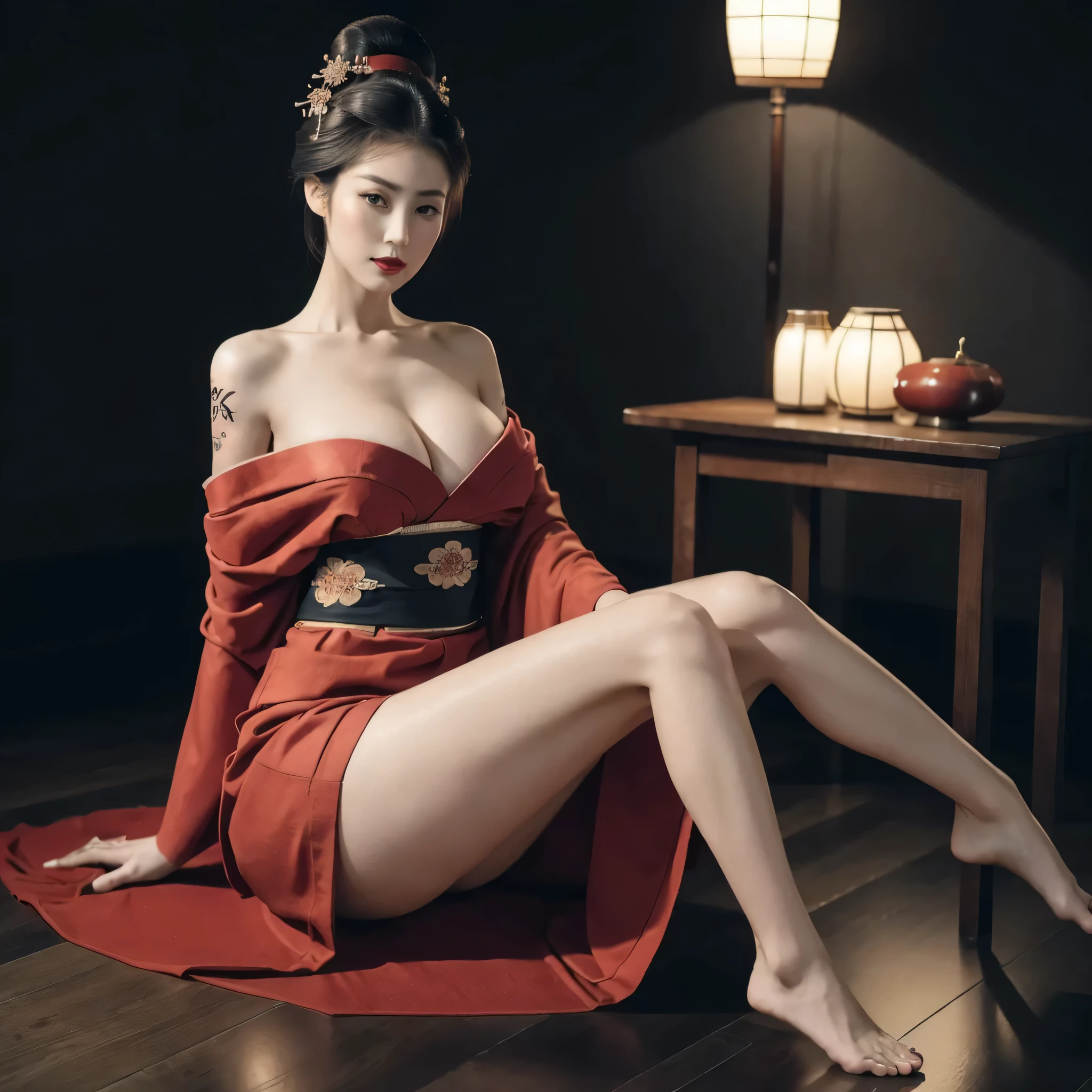((Top quality, 8k, Masterpiece: 1.3)), Sharp focus :1.2, ((Body slim thin captivating)). ((Skin tattooed)), huge breasts, huge ass, fitness legs. Make-up face. Red lipstick. hair accessories, hair Bun, elegance, enchanting,
((Beautiful Japanese Geisha)), ((long skirt. Red kimono. Bare shoulder, legs and breasts)),
Long legs_full body. Sit down. Under the floor. ((Dark background))