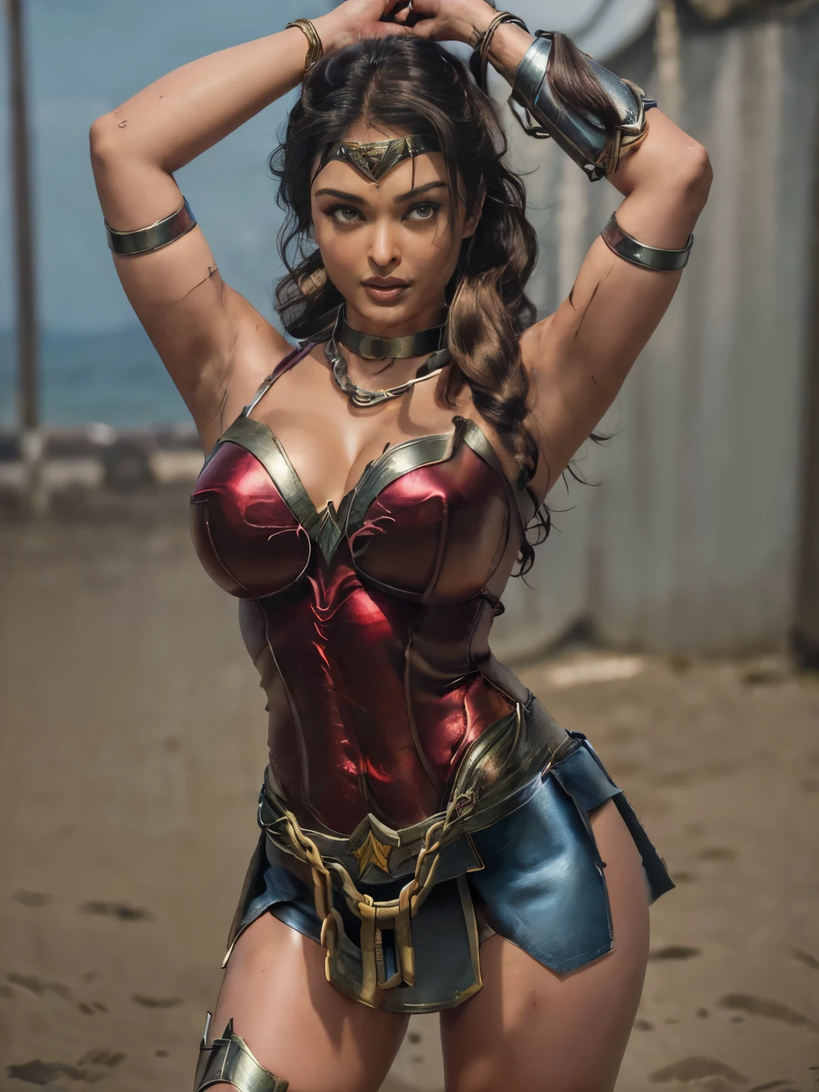 1girl, beautiful girl, wonder woman, skirt, hanging, half body, (close eyes:1.3, weak, powerless, sleep), bruises body, (((shackles)), ((shackles and arms up, chain leads, metal collar, wrists tied)), bondage, slavery, restraint, (basemend wall backgroun, dirty, dark, creepy), best quality, masterpiece, arms up, comic style,  Indian super model, wearing wonder woman outfit, sexy , huge breast, cleavage, oily skin, lusty looks, plus size model, sexy expression, high end makeup, smokey eye, black ponytail hair, 8k, cinematic, Aishwarya rai in her 20s