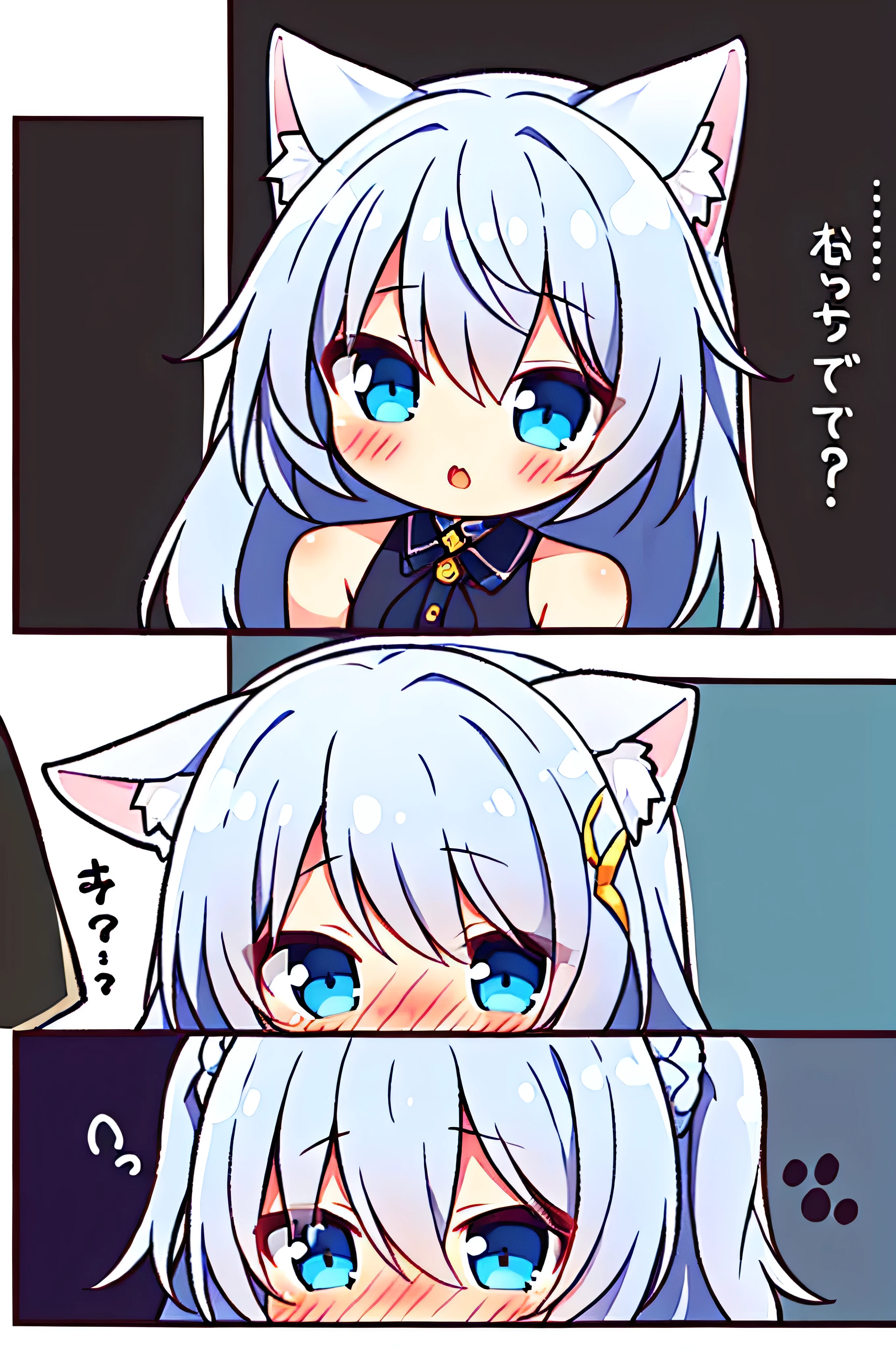 1girl, wearing white sleeveless shirts, no pants, blue eyes, white hair with accessories, bangs covering left eye, cat ears, shocked expression, blushing face, (hair over eyes:1.1), (detailed), ((best quality))