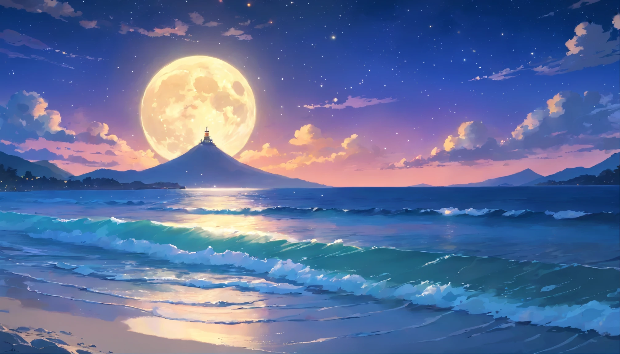 A big full moon reflected on the very rough water surface、nice virgin beach at night. Digital Painting, Art Station, Concept Art, Soft Focus, sharp, shape.Starry Sky、Beautiful night sky、