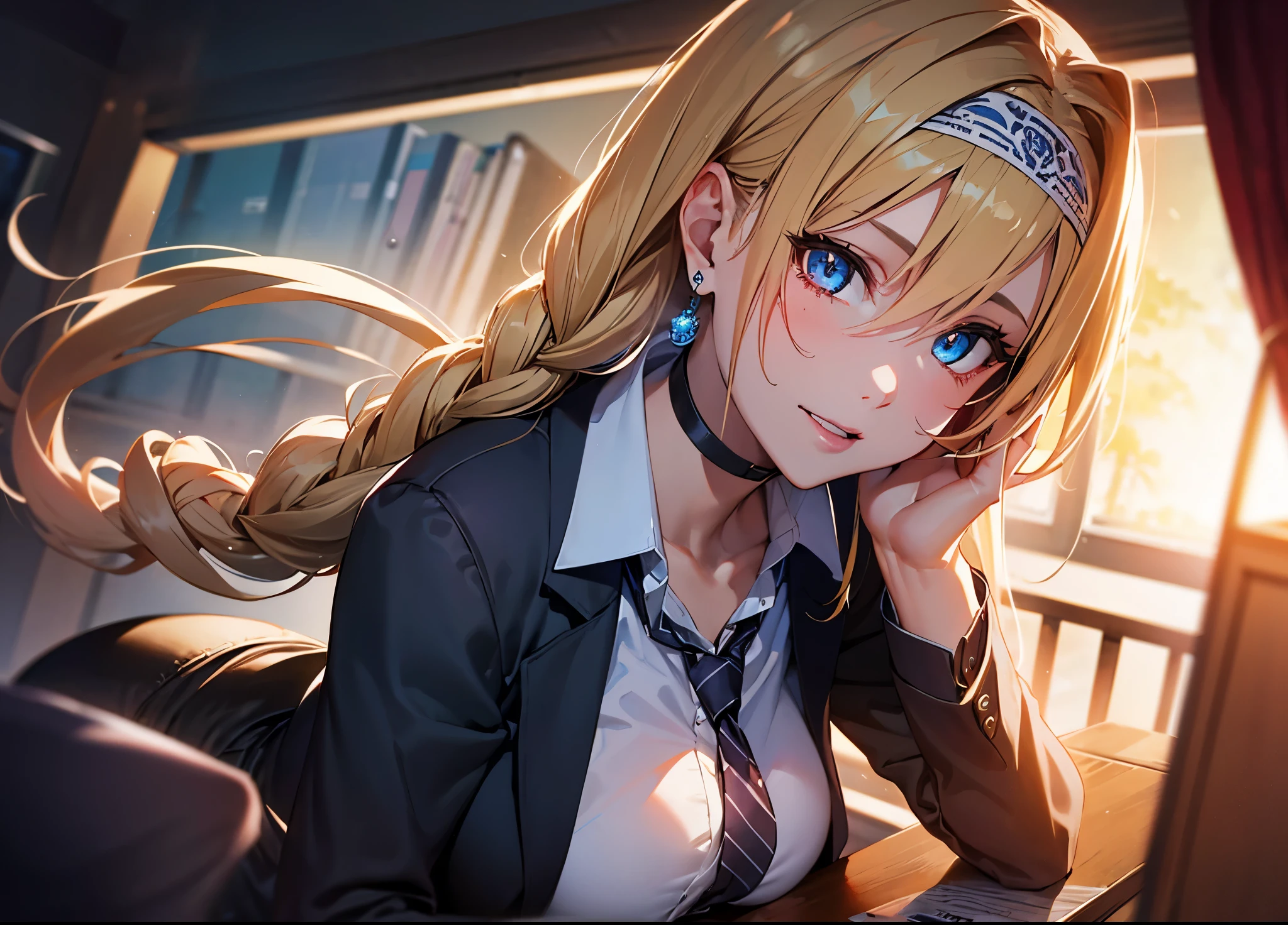 1girl, alice zuberg, bangs, blue eyes, blonde hair, hair between eyes, very long hair, braid, hairband, white hairband,
BREAK (business suit, dress shirt, earrings, formal, high heels, jacket, miniskirt, office lady, open collar, pencil skirt, shirt, skirt, suit:1.2)
BREAK (masterpiece:1.2), best quality, high resolution, unity 8k wallpaper, (illustration:0.8), (beautiful detailed eyes:1.6), extremely detailed face, perfect lighting, extremely detailed CG, (perfect hands, perfect anatomy),