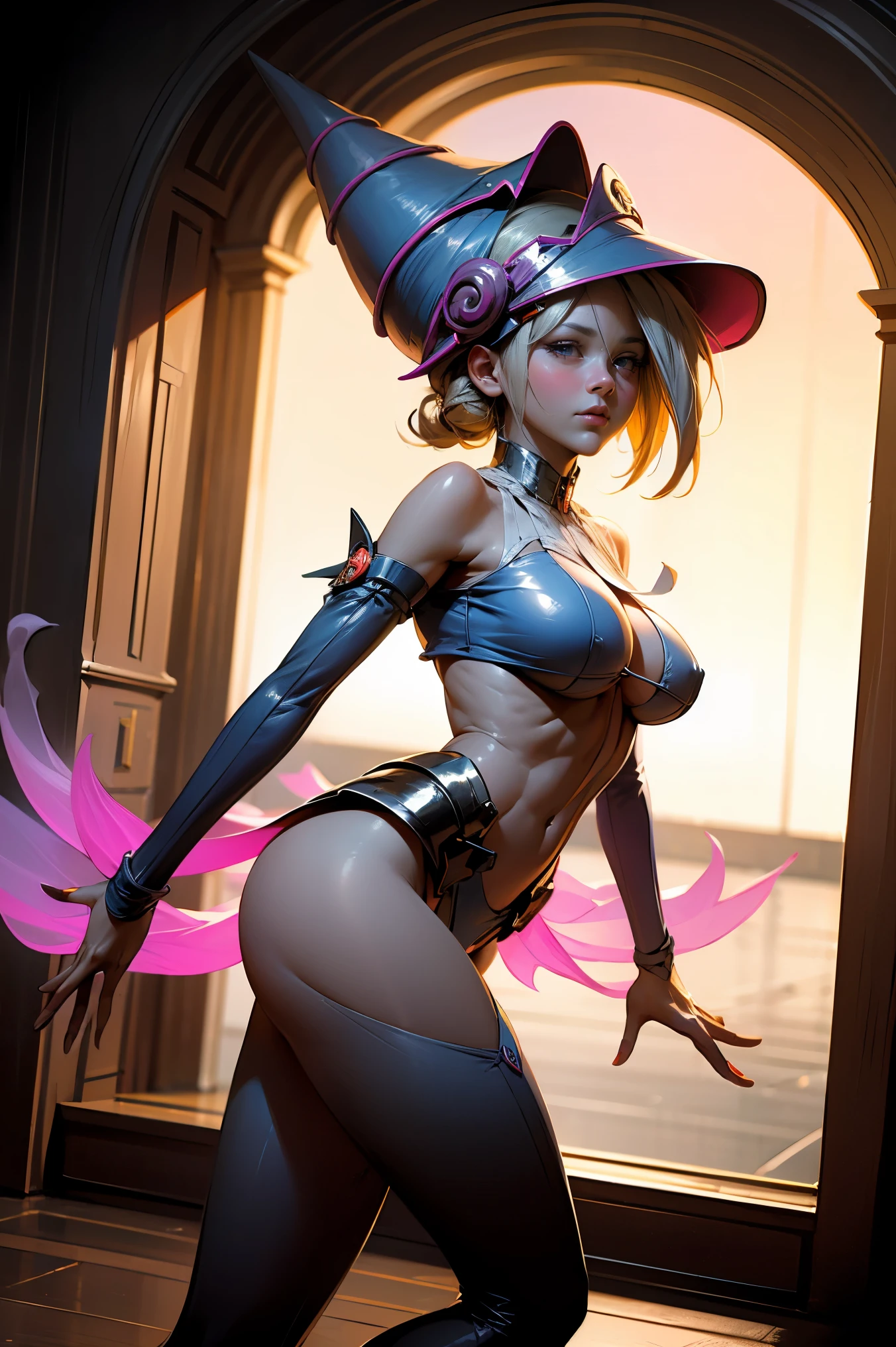 (Obra maestra:1.2), (La mejor calidad:1.2), perfect lighting, Chica Maga Oscura lanzando un hechizo, flotando en el aire, tetas grandes, escote, fondo de magia. Corazones transparente en el hambiente, bata azul, sombrero grande, desde arriba, Destellos, Yugioh Card en el fondo. En tacones y en bikini