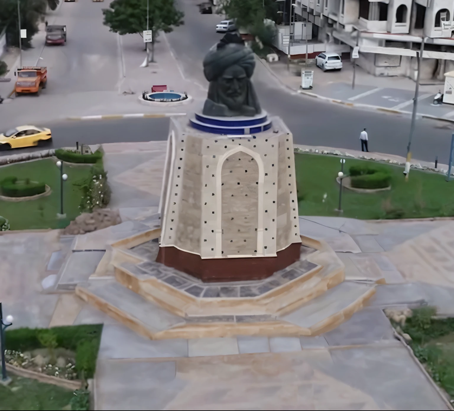 arabic staged basement for monument, ornaments, stone blocks, realistic, photo realistic, high detailed architecture, arabic architecture, symmetrical, medieval stone, rustic stone, dark surfaces, light surfaces, high contrast, octagonal platform, panorama, ceramic tiles