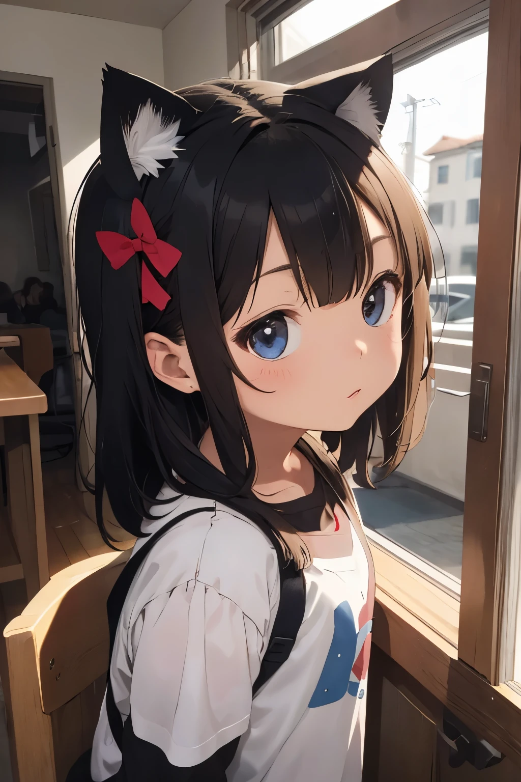 masterpiece, need, 5 years old ,Big head,Medium length hair, Cat ear, There's love in your eyes,Adorable, (Speaking Heart:1.4) Swimwear