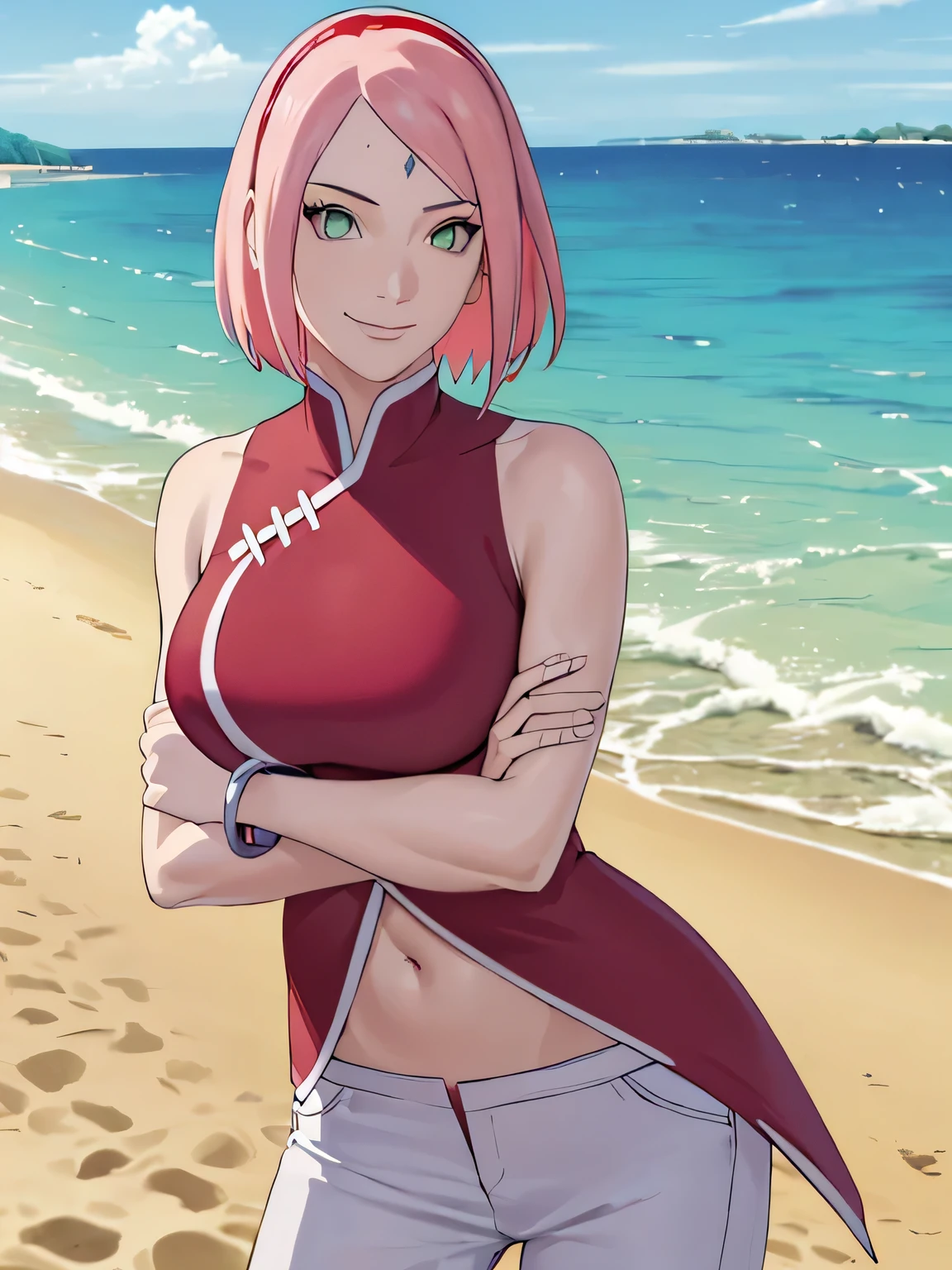 (masterpiece, 1k, anime style, hand drawing, vector coloring, portrait, face shot, professional artwork, detailed beach background, intricate details, colorful, bold drawing lines), (ultra detailed body, ultra detail hair, ultra detail face, attractive, seductive), trending on pixiv, kind smile, very hot color, best quality, 1girl, hires, haruno sakura, contrasty lighting, (forehead mark, milf, red hairband, pale skin, short hair, ((red sleeveless dress), white pants), navel, groin, bracelet, looking at viewer, crossed arms, pink hair, green eyes, smile, beach, wind, floating hair, detailed arms, off-shoulders, muscular arms, standing), sunnyday