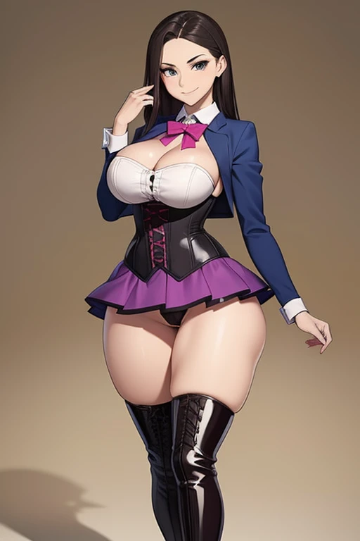 20 year old woman, busty, bubble butt, hourglass figure, skinny, standing, smirk, confident expression, wearing laced corset, pleate skirt, heeled boots