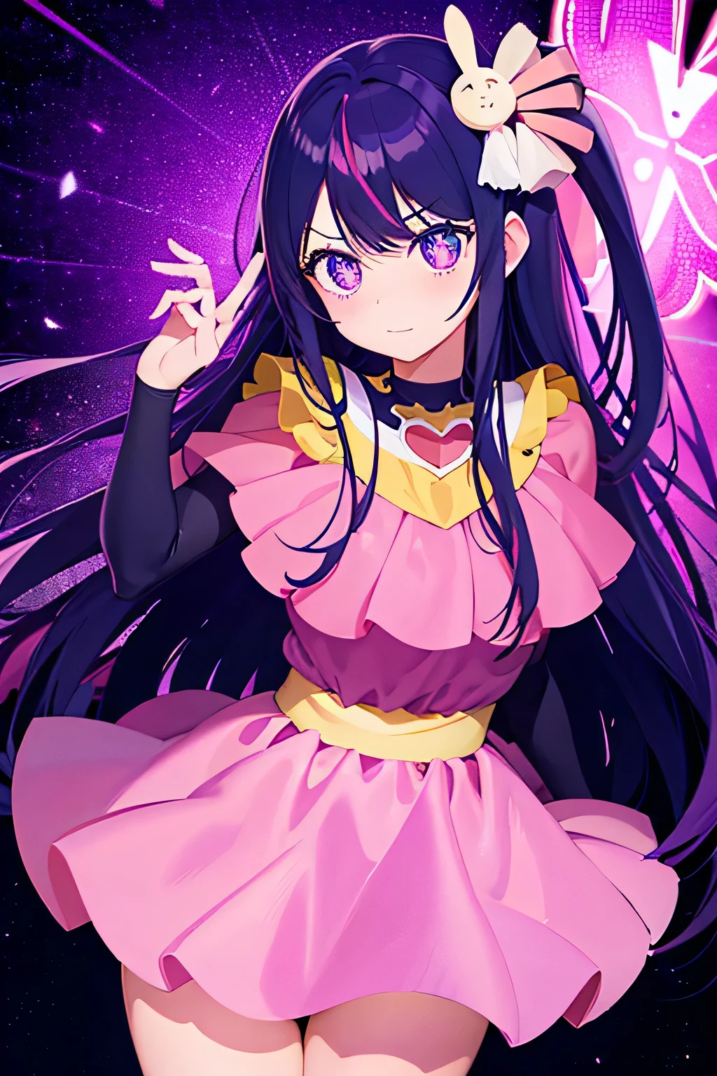 Hoshino Ai, long hair, purple hair, streaked hair ,purple eyes, star-shaped pupils, hair ornament, (masterpiece), best quality, expressive eyes, perfect face, anime girl with purple shiny hair and seifuku, medium_oppai, beautiful alluring anime woman, female anime character, official anime still, beautiful alluring anime teen, anime best girl, attractive anime girl, oppai proportions, 1 girl, sexy pose, perfect body, perfect fingers