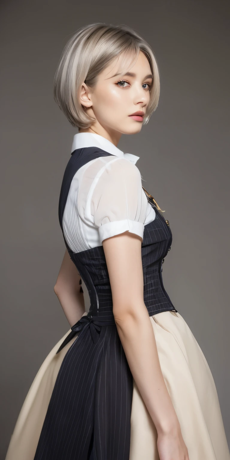(Photorealistic Masterpiece, Top-quality Resolution :1.3), 2 girls, emphasis on slender forms: 1.3, (Grayish-silver hair, short haircut: 1.2), (Yellow eyes, small breasts: 1.2), cat hairpin embellishment, side partings, grayish-silver hair, shimmering, uniform, (Golden eyes: 1.2), two long triangular extensions on the skirt, belted waistcoat, white vest corset with buttons, striped short-sleeved shirt beneath the waistcoat (sleeves ending closer to the arms), thick black ribbon around