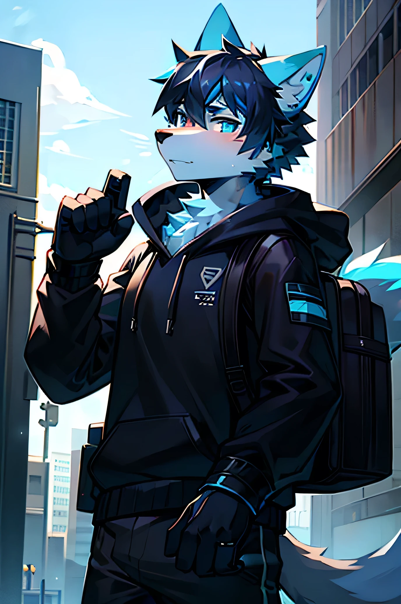 light blue wolf, dark blue hair, black hoodie, black pants, backpack, black fingerless gloves, male,
