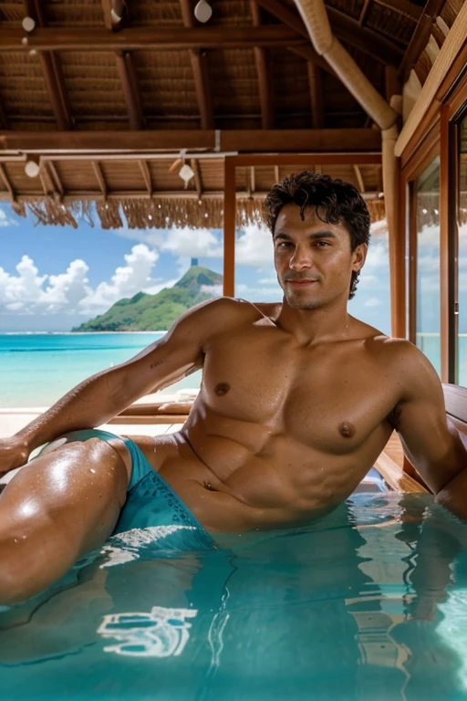 Luiz  Augusto relaxing in a bungalow over crystal clear water, com a legenda: "Bora Bora, where paradise meets the sea. A truly unforgettable experience! 🏝️ #BoraBora #Paradise #ViagemDosSonhos"