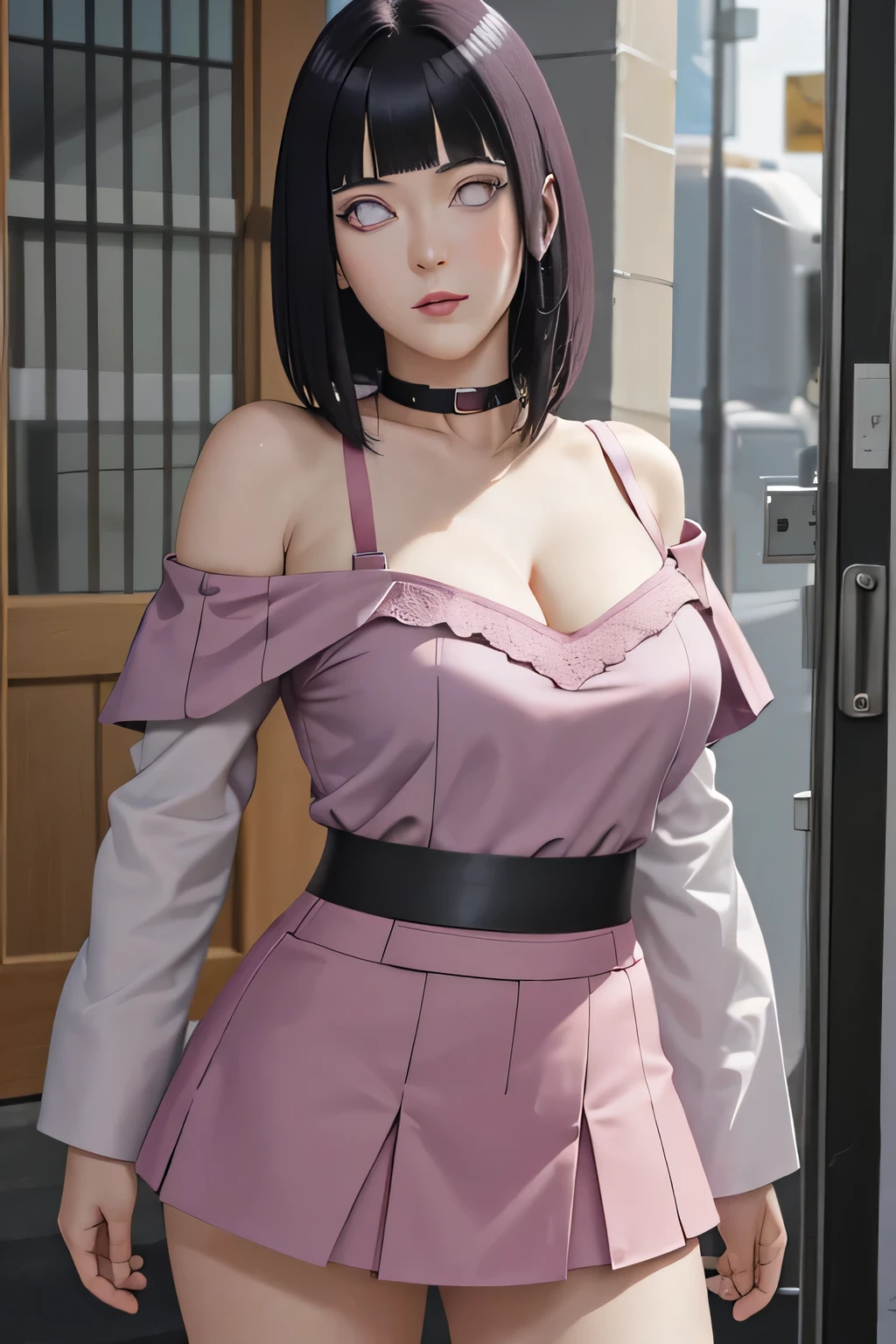 masterpiece, absurdres, hinata\(boruto\), 1girl, solo,mature female, off-shoulder strap bra, high waist short skirt, looking at viewer, perfect composition, detailed lips, big breast, beautiful face, body propotion, blush, (pink lips), long hair, purple eyes, soft gaze, super realistic, detailed, photoshoot, realistic face and body,