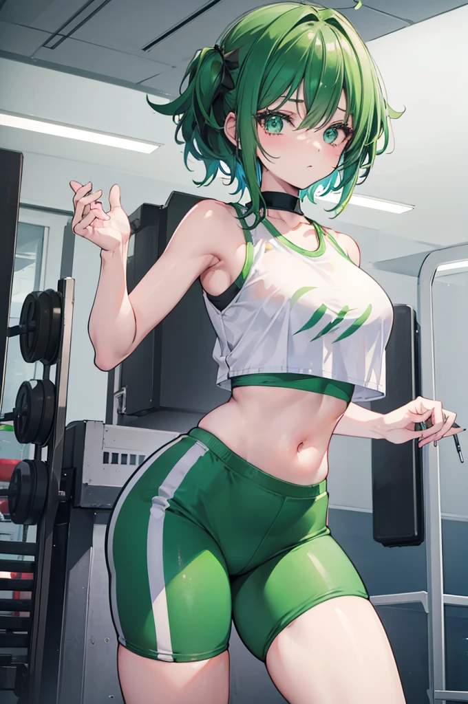 1 girl, izuku midoria as a stunning girl, short green hair, tight gym leggings and a white crop top, gym, high res, ultra sharp, 8k masterpiece
