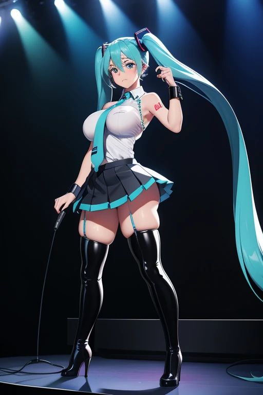 20 year old woman, busty, bubble butt, hourglass figure, skinny, standing, blushing, confused expression, twintail hair, blue hair,wearing white shirt, blue tie, latex pleated skirt, black stockings, black heeled boots, latex arm coverings, Hatsune Miku, on stage, holding microphone, dynamic pose