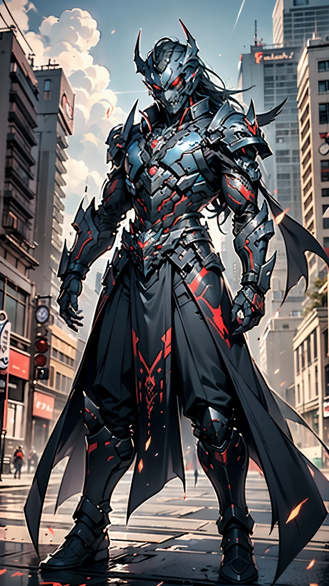 A man wearing a full-face helmet, a fantasy-style biotech armored combat suit, green eyes, (a composite layered chest armor), fully enclosed shoulder guards, matching arm and leg guards, the belt is adorned with fangs biting into gemstone, (the color scheme is primarily blue with black and red accents), the design balances heavy with agility, a high-tech bio-mecha armor, (Armor Concept Inspired by Vampire, the huge cape fluttering in the wind, stand on the top of a skyscraper in a futuristic sci-fi city), this character embodies a finely crafted fantasy-surreal style armored hero in anime style, exquisite and mature manga art style, (battle damage, element, blood, plasma, energy, the armor glows), ((male:1.5)), metallic, real texture material, dramatic, high definition, best quality, highres, ultra-detailed, ultra-fine painting, extremely delicate, professional, perfect body proportions, golden ratio, anatomically correct, symmetrical face, extremely detailed eyes and face, high quality eyes, creativity, RAW photo, UHD, 32k, Natural light, cinematic lighting, masterpiece-anatomy-perfect, masterpiece:1.5
