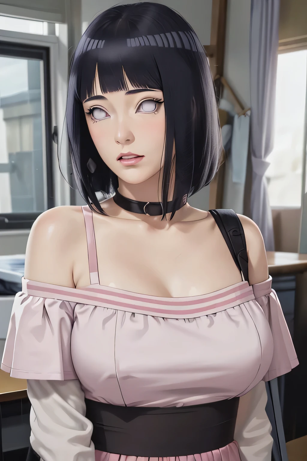 masterpiece, absurdres, hinata\(boruto\), 1girl, solo,mature female, off-shoulder strap bra, high waist short skirt, looking at viewer, perfect composition, detailed lips, big breast, beautiful face, body propotion, blush, (pink lips), long hair, purple eyes, soft gaze, super realistic, detailed, photoshoot, realistic face and body,
