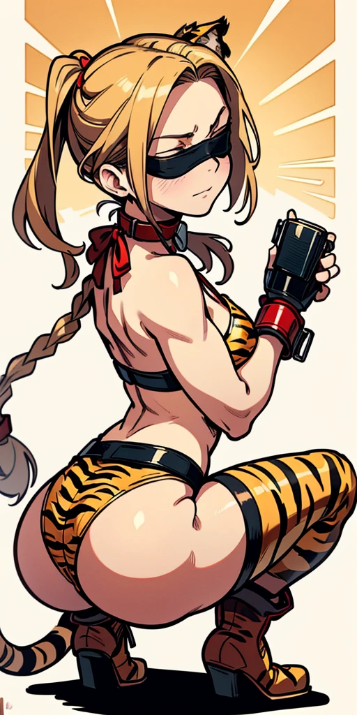 1sologirl Slace handcuffs wristbands hands behind her back Cammy White Street Fighter showing her back to me, buttocks, squatting, gazed (blindfolded) tiger ears, animal tiger print bikini stockings sleeves, golden bell, breasts, leather collar choker neck, red gloves gauntlets, red boots