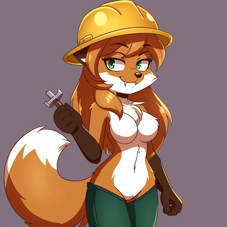 Nervous smiling, uploaded the e621, simple background, beautiful and detailed, woman (((female))) ((anthro)) Fox, (Averi, Fox girl), cinematic lighting, Fox, (anthro, fluffy fur, character focus:1.1), 1girl, anthro fox girl, body fur, curvy, sexy, nice, cute, hot, fangs, sassy, smug, comfortable anime-style cartoon-style, digital drawing, (half-closed eyes), green eyes, SFW, wearing hat, hard hat, construction hat, wearing construction hat, holding a wrench in hand, wrench, engineer sentry from TF2, Team Fortress 2