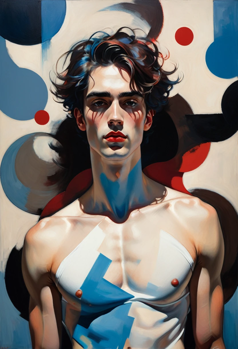 chiaroscuro technique on sensual illustration of an arafed man in white underwear, sexy masculine, diego fazio, male model, by Ludovit Fulla, model with attractive body, inspired by Ludovit Fulla, mid-shot of a hunky, the model draped in flowing, thick oil painting by Harumi Hironaka, extremely soft colors, vibrant, highly detailed, malcolm liepke painting, oil on canvas, high contrast, dramatic, refined, tonal, Create high contrast between light and shadow fire around, there is a red circle on a blue and red square, inspired by Bauhaus, in a shapes background, brown red blue, circle forms, red blue, by Leon Polk Smith, memphis abstract minimal art, graphic shapes, minimal art, blue and red, minimal art style, bauhaus art, inspired by El Lissitzky, bold simple shapes