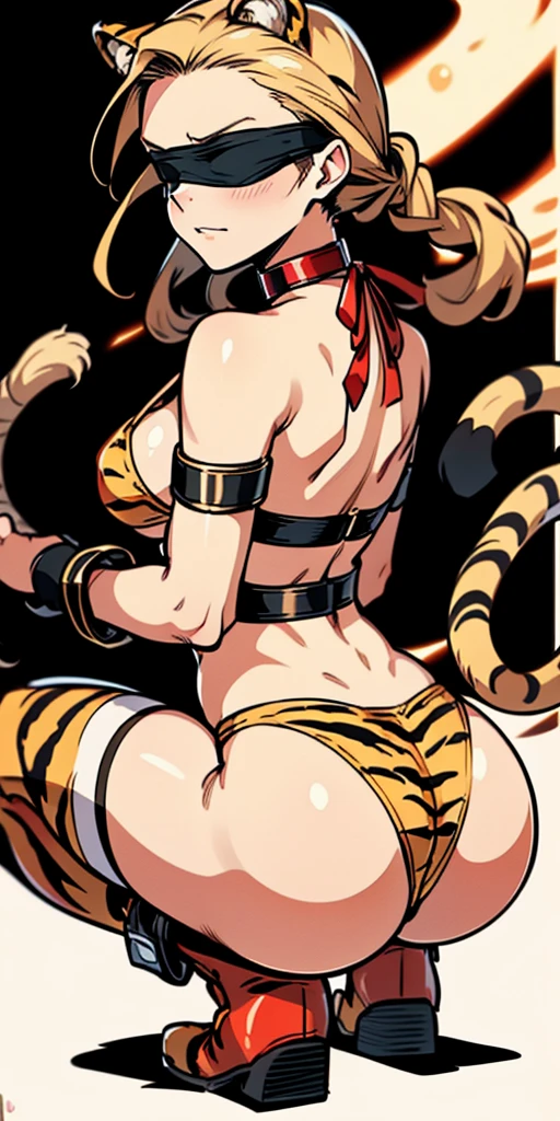 1sologirl Slace handcuffs wristbands hands behind her back Cammy White Street Fighter showing her back to me, buttocks, squatting, gazed (blindfolded) tiger ears, animal tiger print bikini stockings sleeves, golden bell, breasts, leather collar choker neck, red gloves gauntlets, red boots