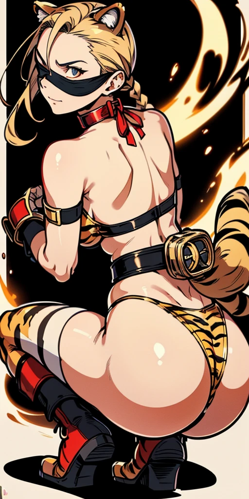 1sologirl Slace handcuffs wristbands hands behind her back Cammy White Street Fighter showing her back to me, buttocks, squatting, gazed (blindfolded) tiger ears, animal tiger print bikini stockings sleeves, golden bell, breasts, leather collar choker neck, red gloves gauntlets, red boots