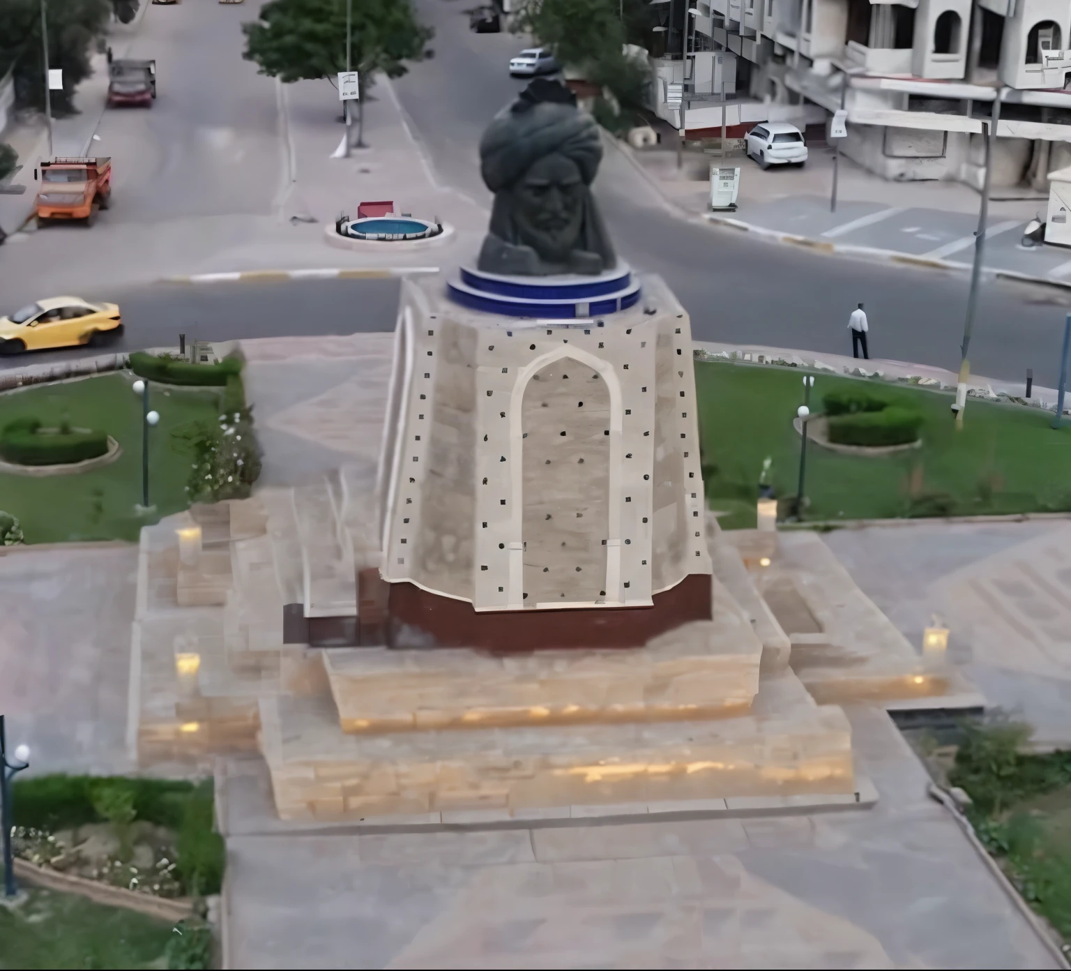 arabic staged basement for monument, ornaments, stone blocks, realistic, photo realistic, high detailed architecture, arabic architecture, symmetrical, medieval stone, rustic stone, dark surfaces, light surfaces, high contrast, octagonal platform, panorama, ceramic tiles
