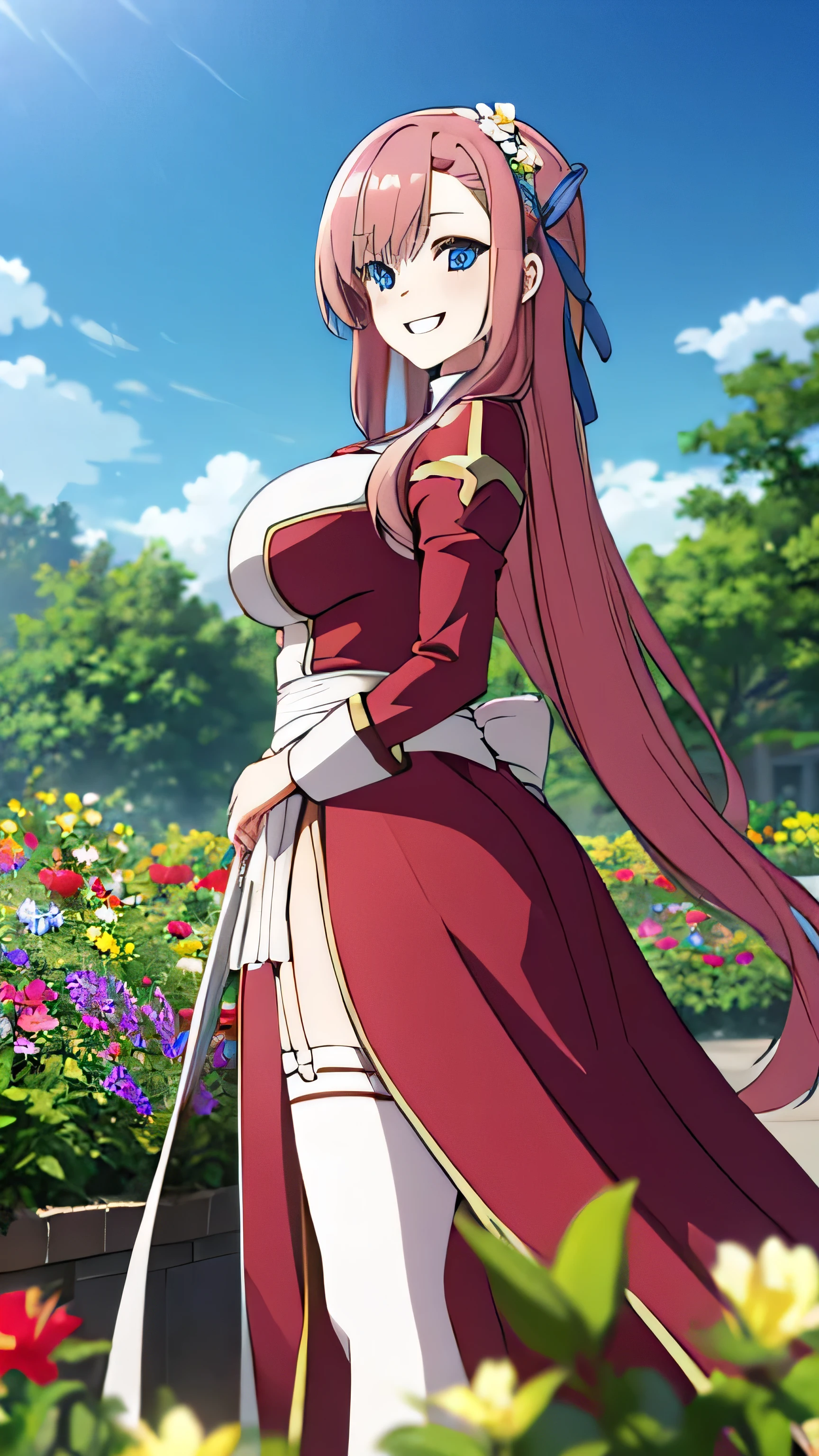 masterpiece, best quality, asuna ichinose, blue eyes, very long red hair, hair blue ribbon, solo, 1 girl, grin, floating hair, looking at viewer, massive breasts, big breasts, front view, flower garden, outdoors, 
