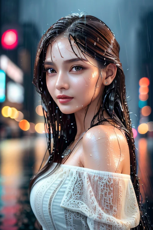 a beautiful woman in a rainy city, 1 girl, detailed face and eyes, beautiful long brown hair, slim figure, tight waist, attractive, warm smile, delicate white skin, wet hair and skin, stylish clothing, necklace, off-shoulder dress, active pose, New York City, raining, (best quality,4k,8k,highres,masterpiece:1.2),ultra-detailed,(realistic,photorealistic,photo-realistic:1.37),extremely detailed face and body,(detailed eyes,detailed lips,extremely detailed eyes and face,long eyelashes),intricate hairstyle,(wet hair:1.2),(wet skin:1.2),stylish outfit,(necklace:1.1),(cityscape:1.1),(rainy day:1.1),cinematic lighting,warm color palette
